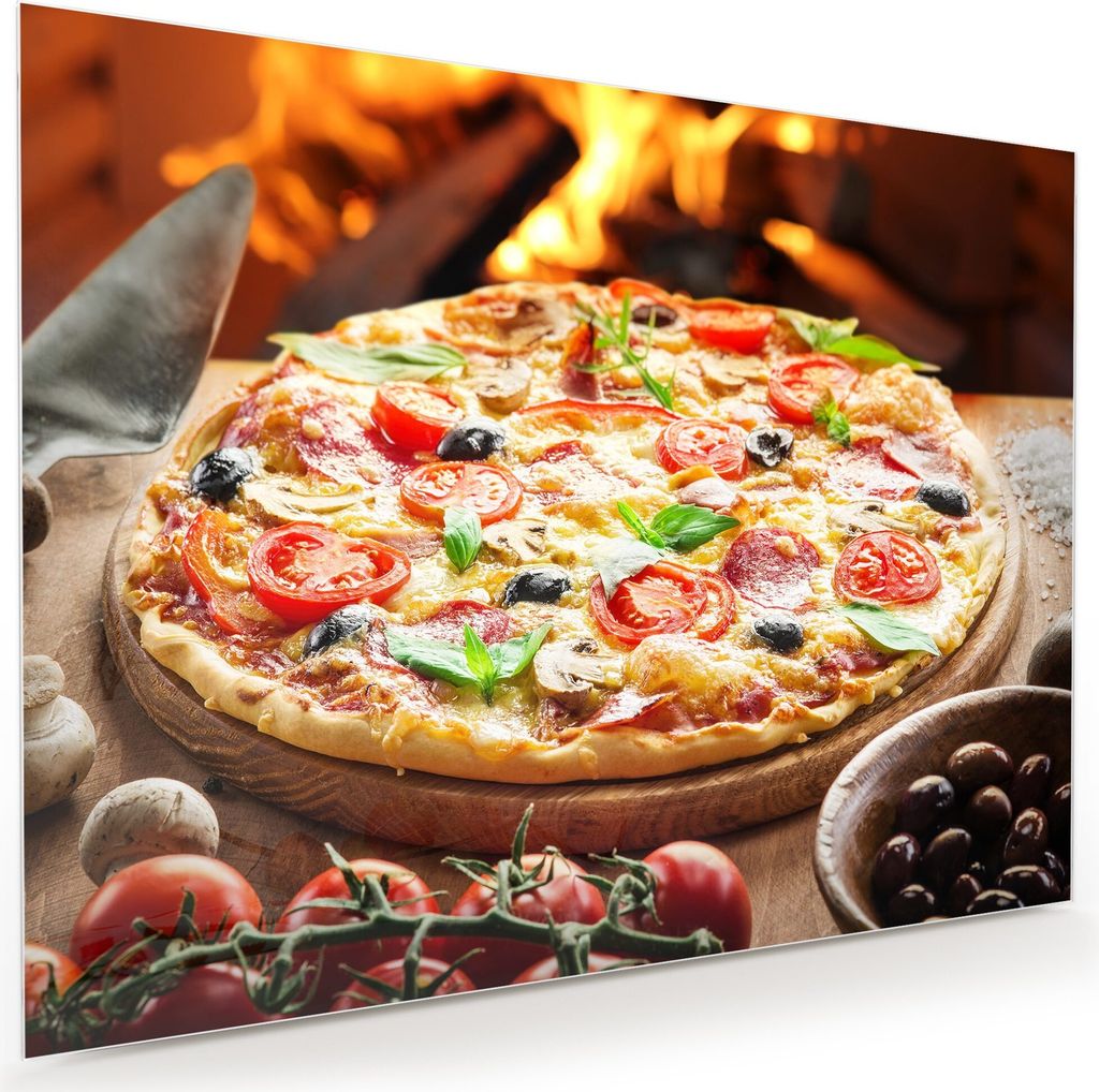 Glasbild Wandbild Pizza aus dem Holzofen 80x60cm in XXL für Wohnzimmer, Schlafzimmer, Badezimmer, Flur