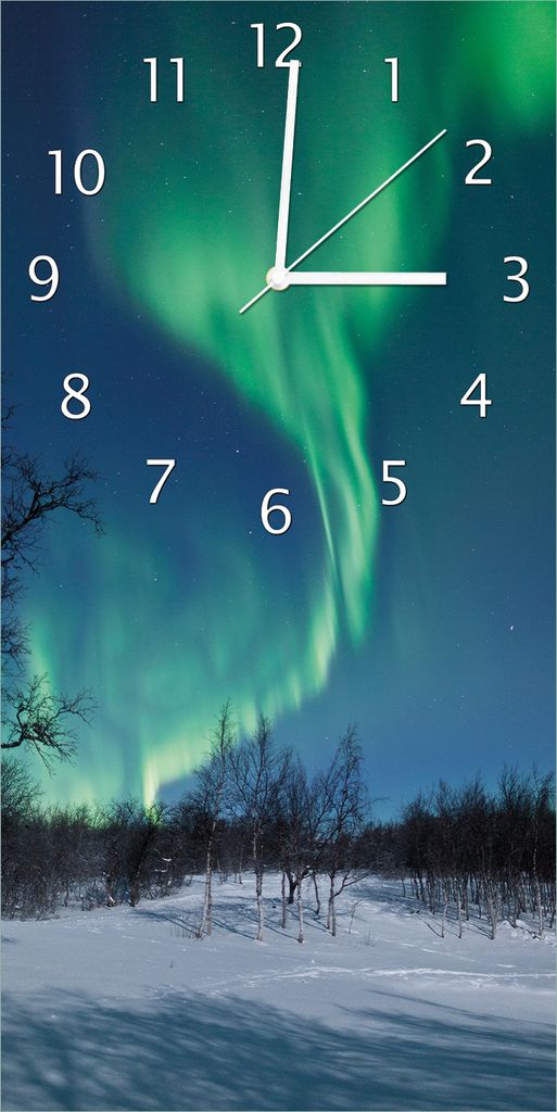 Wallario Design Wanduhr bedruckt, Größe 30 x 60 cm, Motiv: Polarlicht in Schweden