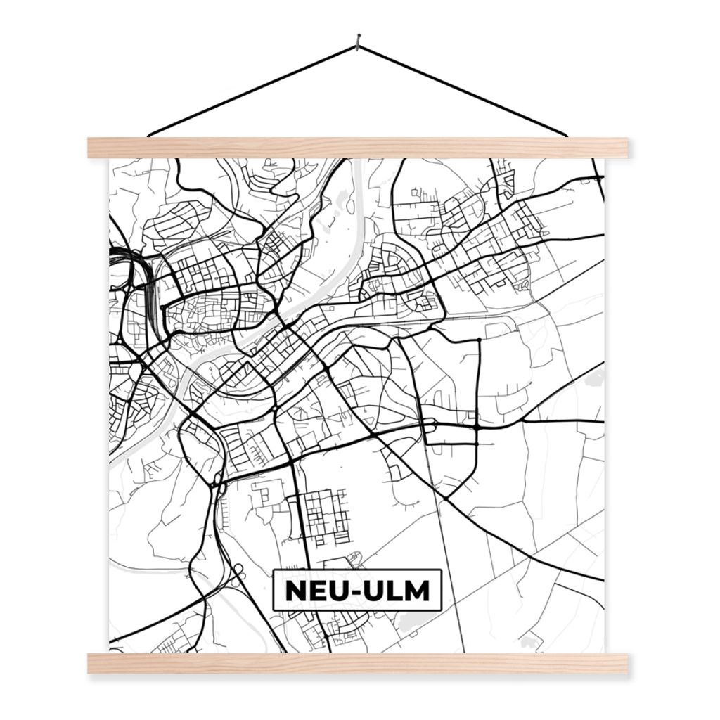 MuchoWow Textilposter Neu-Ulm - Karte - Stadtplan - Wegbeschreibung 120x120 cm mit holzfarbenen Rahmen - Textil-Poster