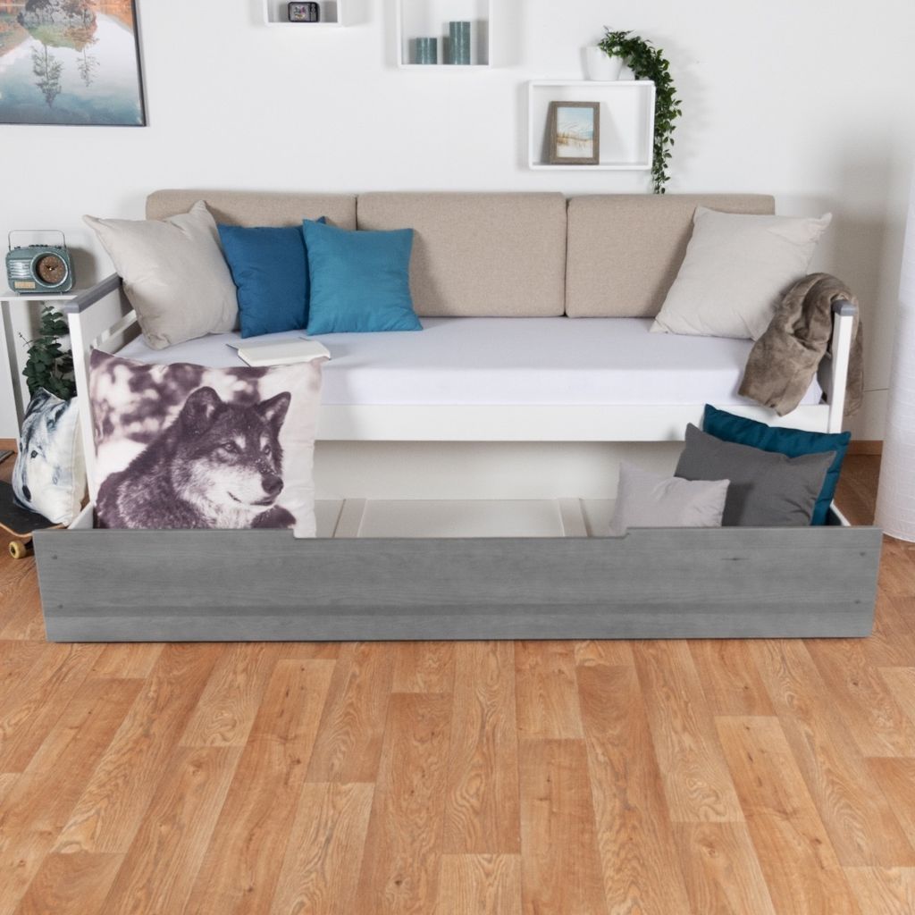 Schublade für Kinderbett / Jugendbett Hermann 01, Farbe: Weiß gebleicht / Grau, massiv - 29 x 90 x 192 cm (H x B x L)