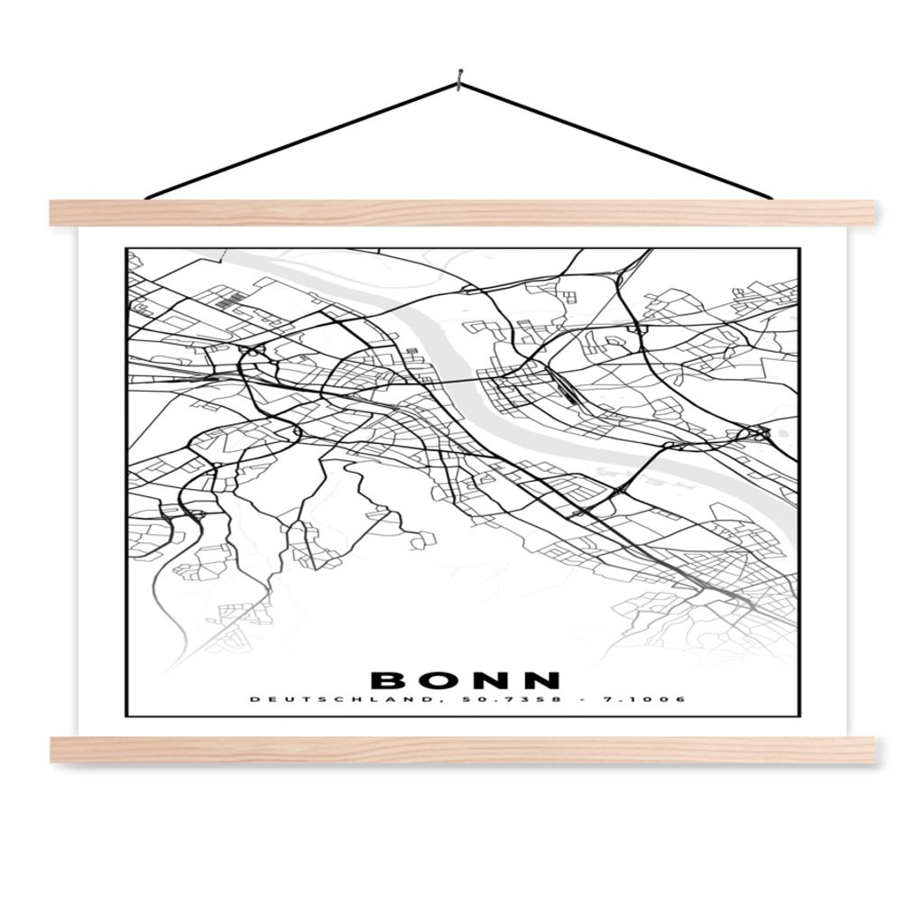 MuchoWow Textilposter Bonn - Karte - Stadtplan 120x80 cm mit holzfarbenen Rahmen - Aufhängeset