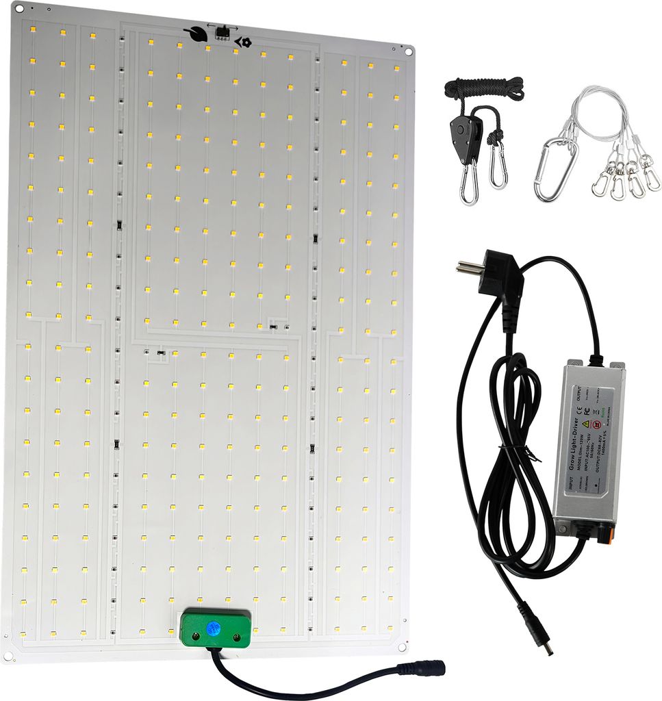 A grow light panel with accessories laid out on a white background.
