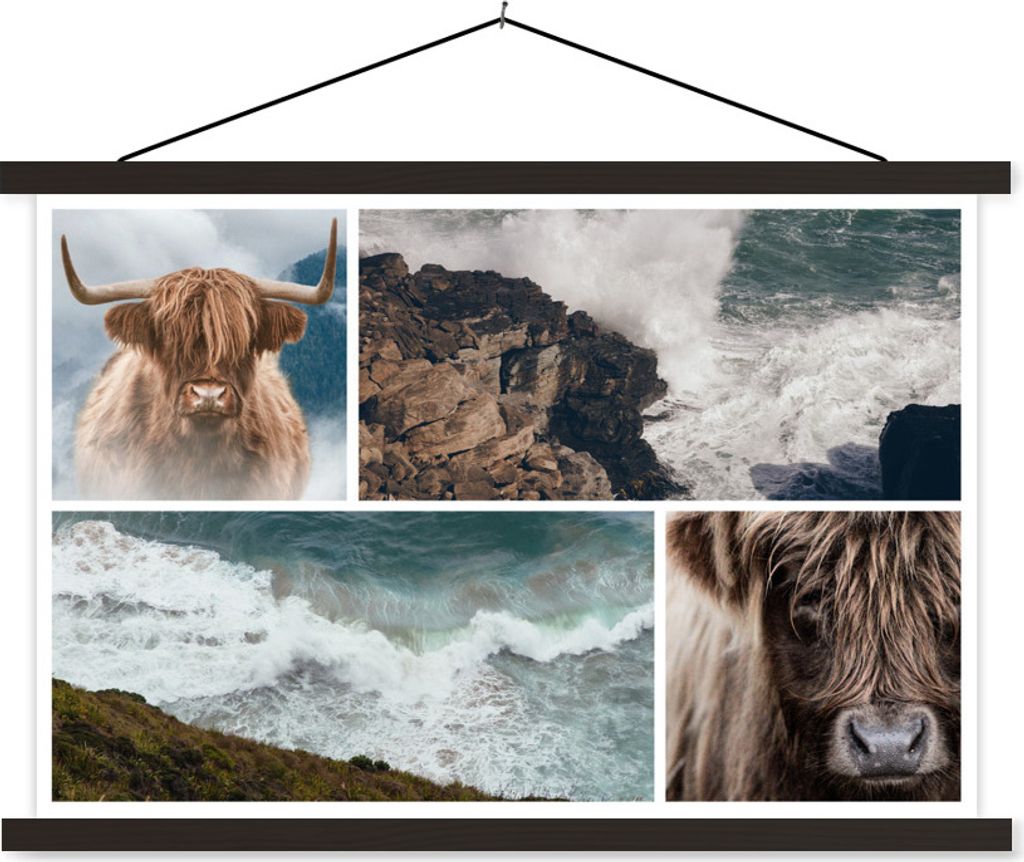 MuchoWow Textilposter Collage - Schottisches Hochlandrind - Meer 120x80 cm mit schwarzem Rahmen - Wanddeko