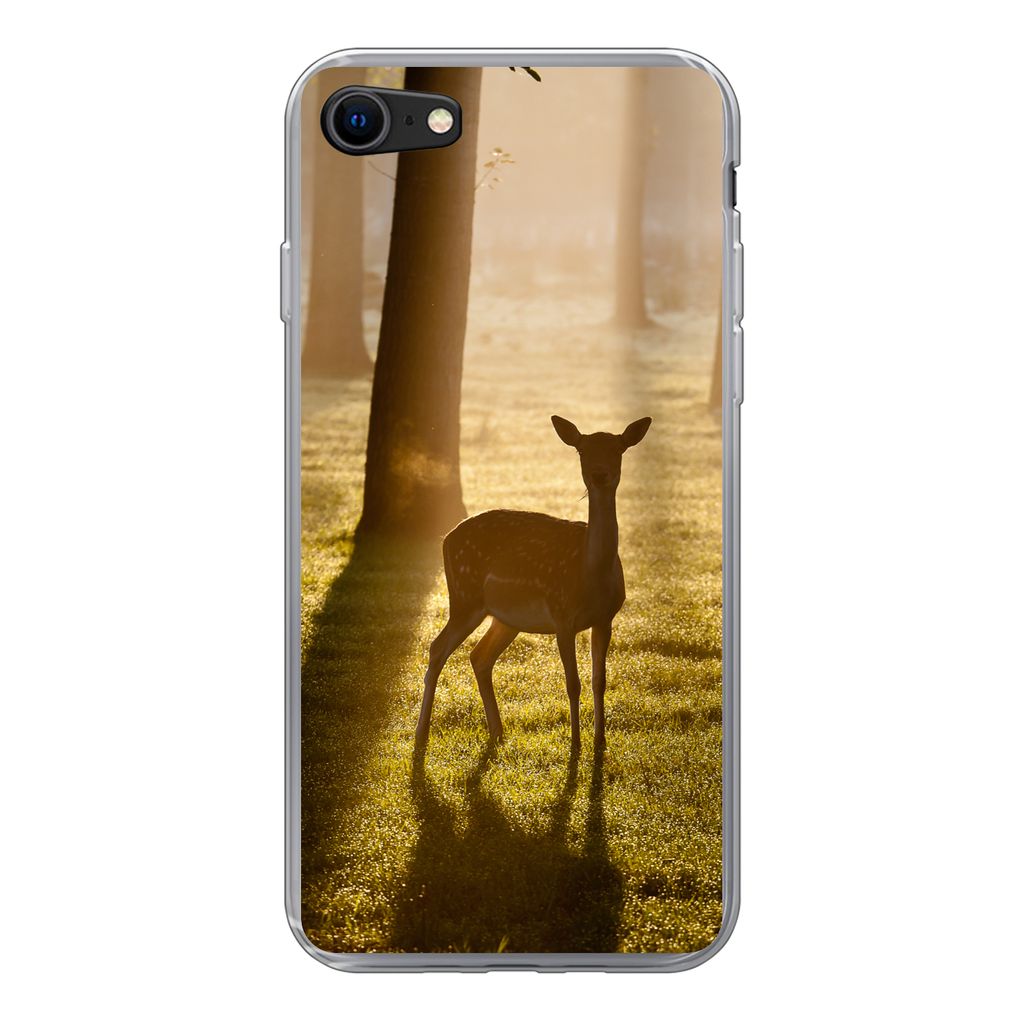 MuchoWow Handyhülle Schutzhülle Hülle für iPhone SE 2020 Hirsche - Sonne - Bäume Silikon Softcase Handy Hülle - Kartenbesitzer
