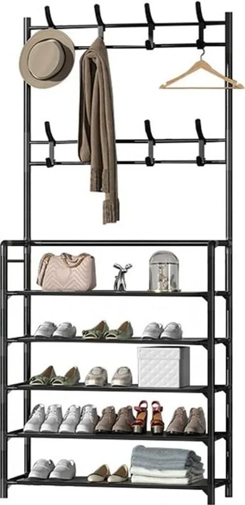 Vestiaire d'entrée sur pied noir, penderie et rangement chaussures