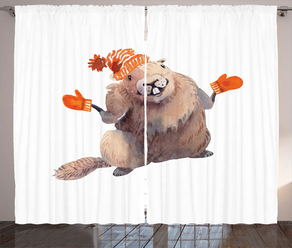 Rideau Taupe et Orange Thème Marmotte avec Boucles et Crochets