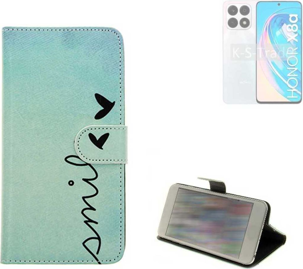 K-S-Trade Schutz Hülle Handy Hülle kompatibel mit Honor X8a 5G Hülle Handyhülle cover bookstyle Etui Handyhülle “smile“ türkis Standfunktion