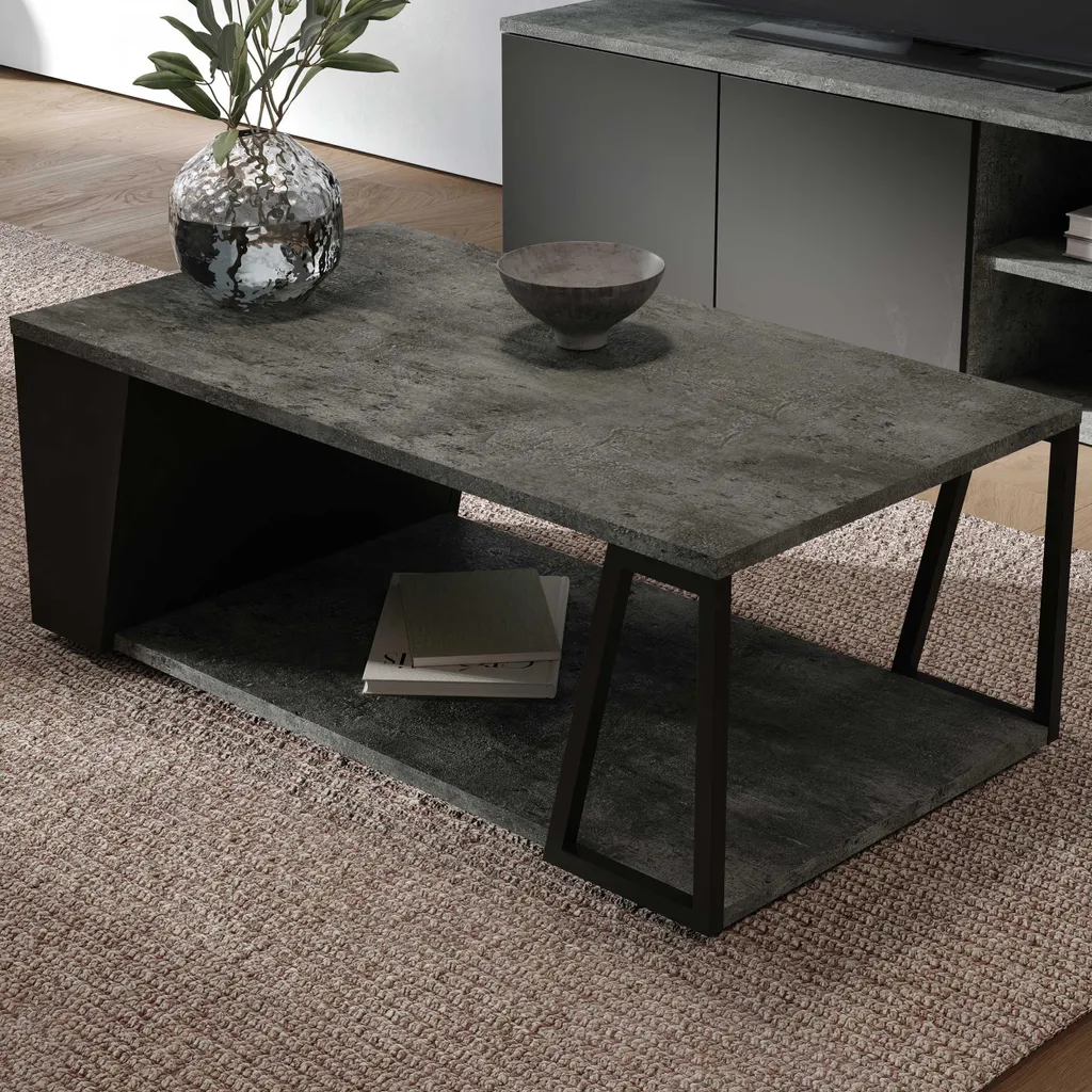 Table basse de salon rectangulaire décor béton et pieds noirs mats - 2