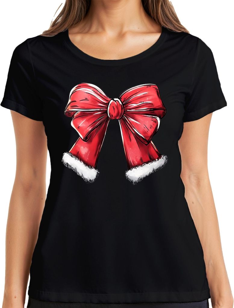 Weihnachtsschleife rot Pelzrand Geschenk festlich Vintage Damen T-Shirt, Schwarz, 3XL