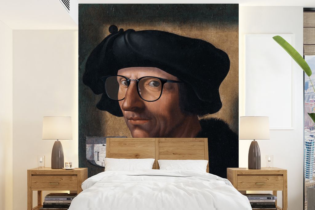 MuchoWow Fototapete für Wohnzimmer oder Schlafzimmer Wandtapete Vinyl Motivtapete Selbstporträt - Jacob Cornelisz van Oostsanen - Brille - 205x...