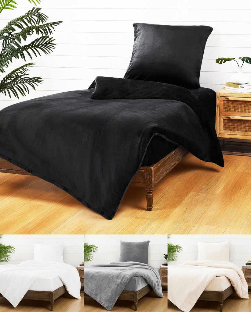 JACK Teddy Flausch Bettwäsche Uni 155x220cm Plüsch Cashmere Touch Weiß Grau Anthrazit Creme Blau Schwarz Einfarbig Warm, Farbe:Schwarz