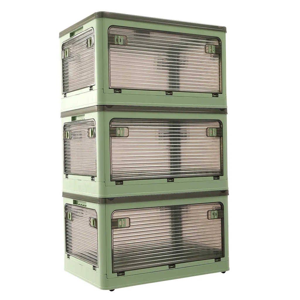 Caisse de rangement pliable empilable avec accès frontal et roulettes