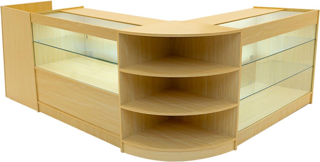Ahorn Verkaufstheken-Set Theia mit LED-Beleuchtung – K1200, C1200, LM60, TB60 – Abschließbare Schiebetüren mit Schlüsseln – Ladeneinrichtu...