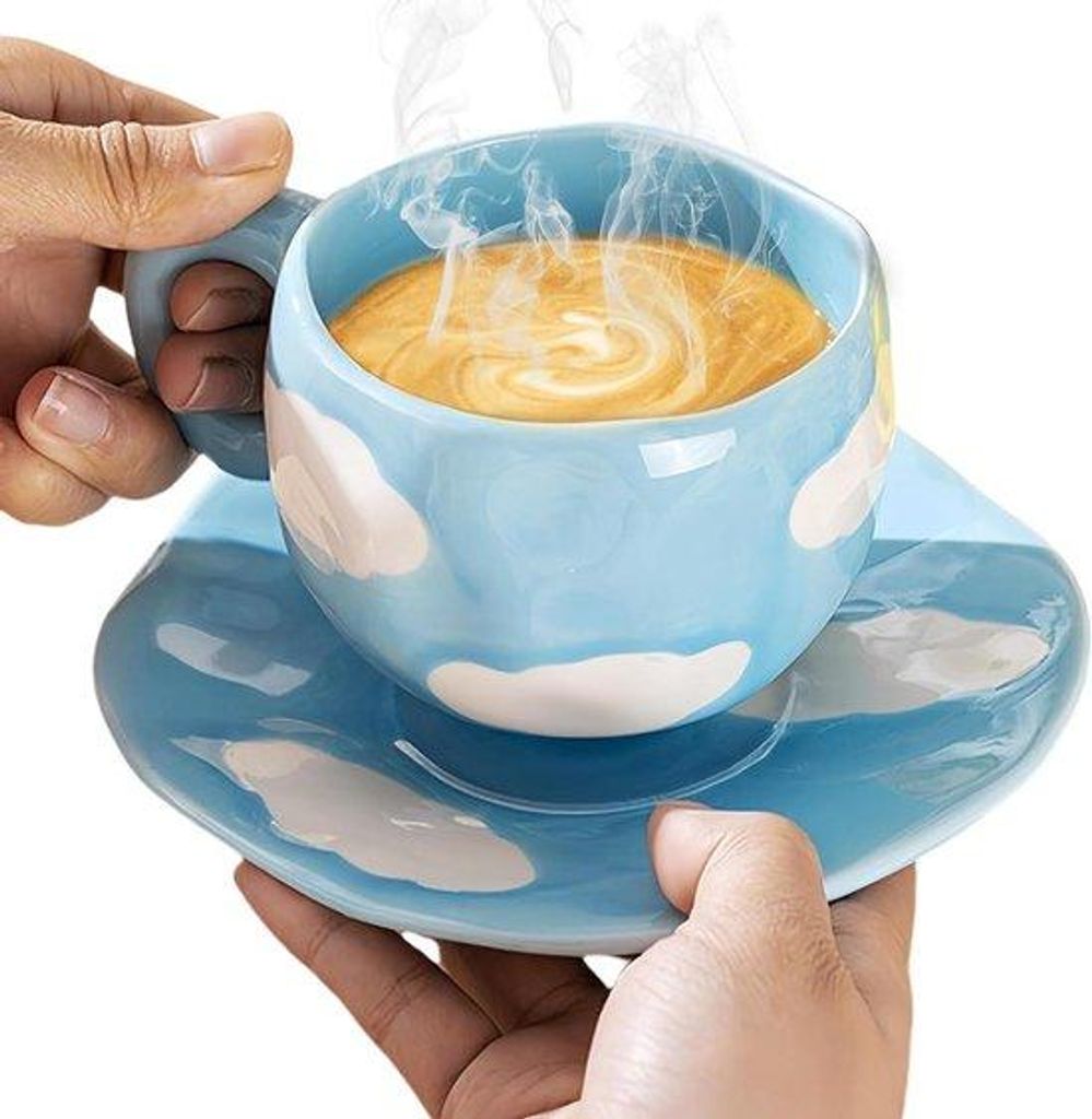 Keramische Mokken mit Schotel 250ml - Handgeschildert Wolkenmuster - Koffie- und Teebecher - Geschirr für Mädchen, Freundin, Mutter