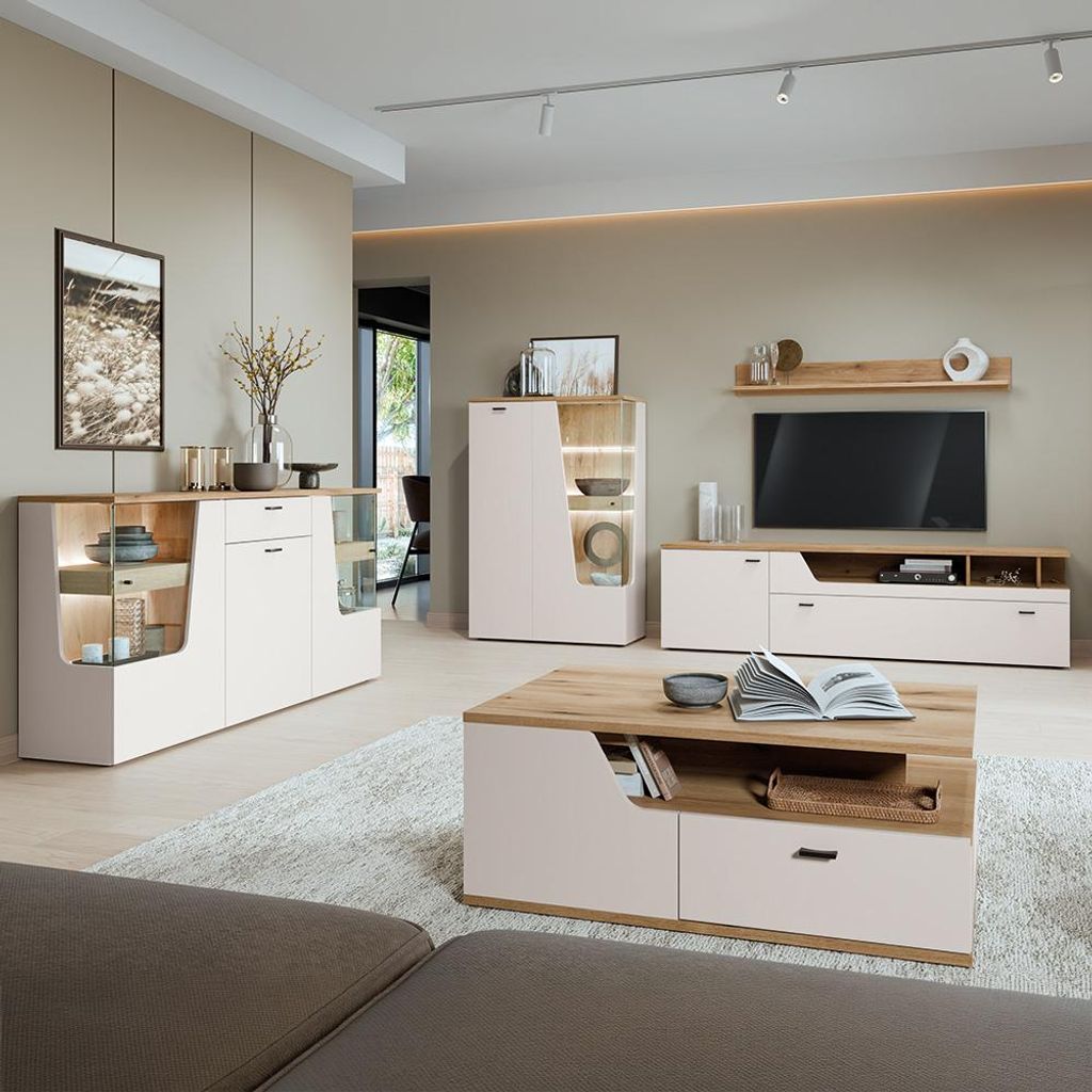Wohnzimmer-Set in Kaschmir & Eiche mit Couchtisch & Sideboard, 5-teilig - CARMONA-129