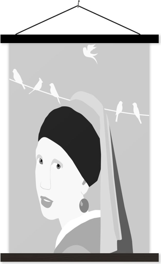 MuchoWow Textilposter Girl With A Pearl Earring - Schwarz - Weiß - Vogel 120x180 cm mit schwarzem Rahmen - Fotos
