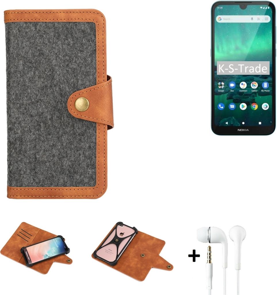 K-S-Trade Handyhülle + Kopfhörer kompatibel mit Nokia 1.3 Schutzhülle Filzhülle Kunstleder dunkelgrau braun (1x)