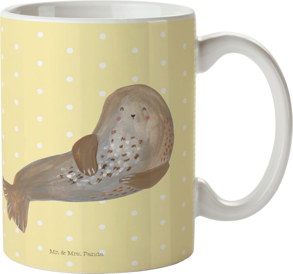 Mr. & Mrs. Panda Pott Robbe Lachen - Gelb Pastell - Geschenk, Kindertasse, Kinderbecher, Trinklernbecher, Meerestier, Nordsee, Seehund, Lustige Spr...