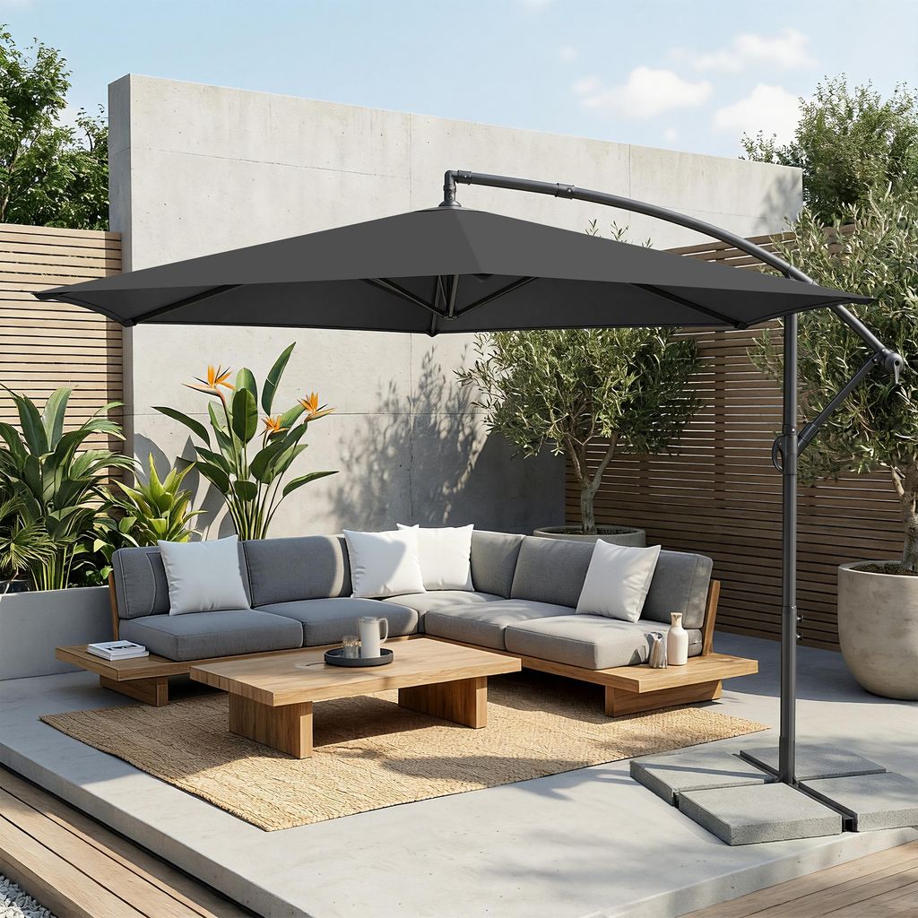 SONGMICS Ampelschirm 350 cm, UV-Schutz UPF 50+, Sonnenschirm mit Ständer, für Garten Terrasse, Kurbel, grau