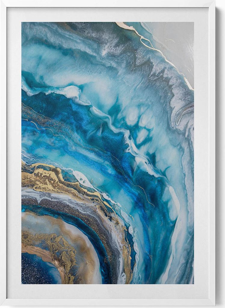 Blauer Marmor Abstraktion– Wandbild mit Rahmen – Gerahmtes Bild – Wanddekoration – 70x100 cm – Weiß Rahmen