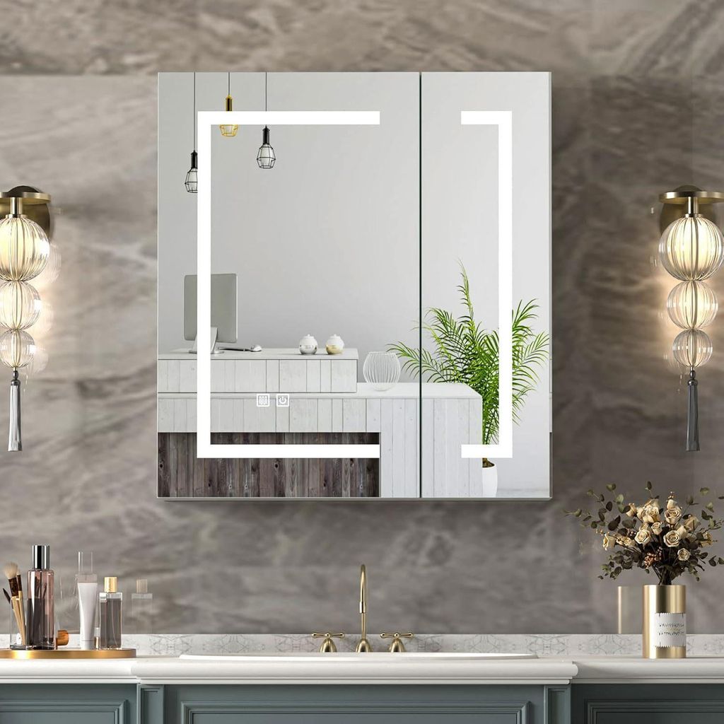 Radelldar Spiegelschrank bad mit beleuchtung und Ablage, Badschrank hängend,60 x 13.4 x 65 cm, Weiß