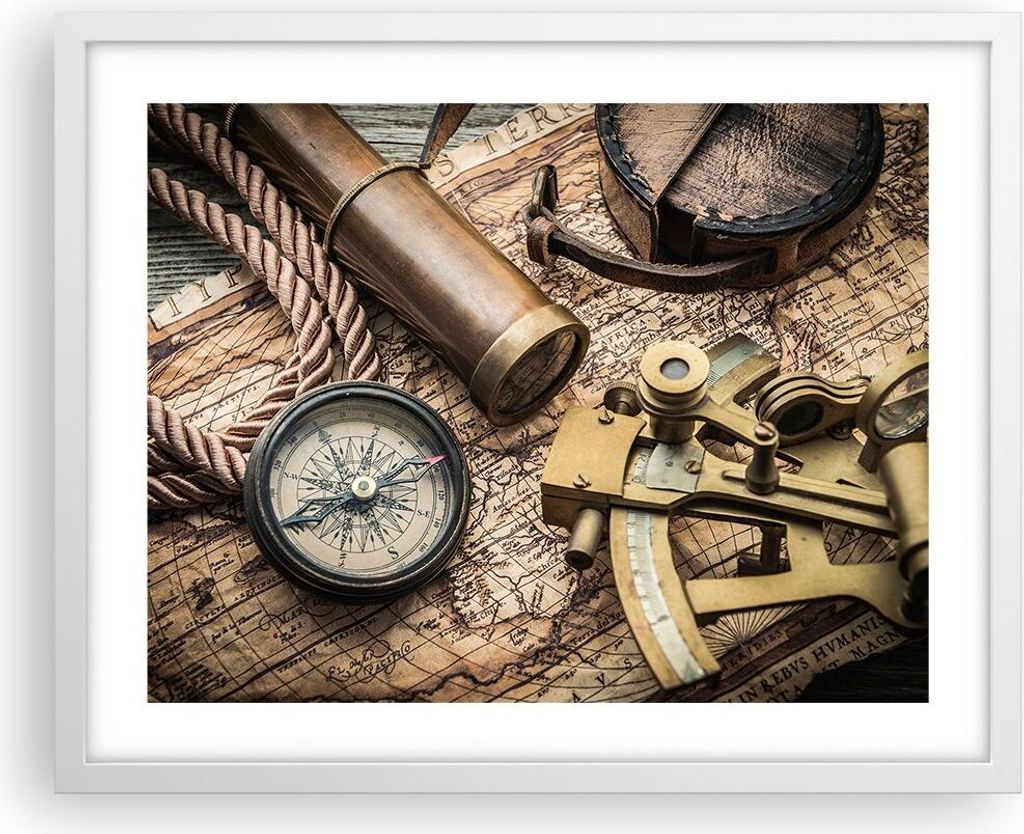 Gerahmtes Poster - Weißer Rahmen - Kompass Kompass Karte - 50x40 cm - Wand Bild - Wanddeko - Wandbilder - Kunstposter - Wandposter - Bilderrahmen ...