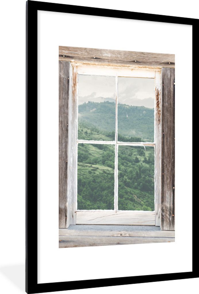 MuchoWow Gerahmtes Poster Aussicht - Berg - Holz 60x90 cm - Poster mit Schwarzem Bilderrahmen Wandposter Rahmen Foto Bilder - Dekoration - Wandpo...