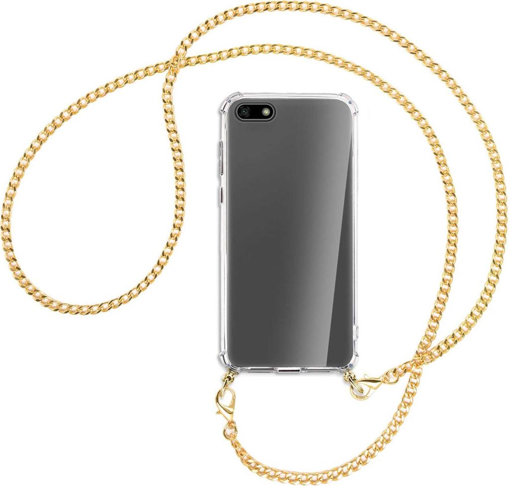 Handykette Backcover-Schutzhülle mit Band (Metall goldfarben) für Huawei Y5 (Prime) 2018 / Honor 7S - goldfarbene Kette