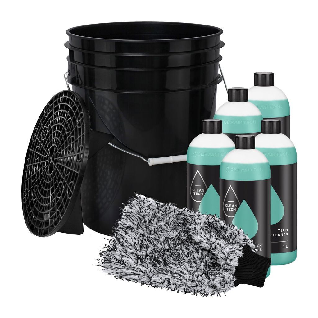 Benbow Auto Waschset, Set 8-tlg, 20L Schwarz Wascheimer, Schmutzsieb, Waschhandschuh, 5x 1L Autoshampoo-konzentrat, Autoaufbereitung, Autos