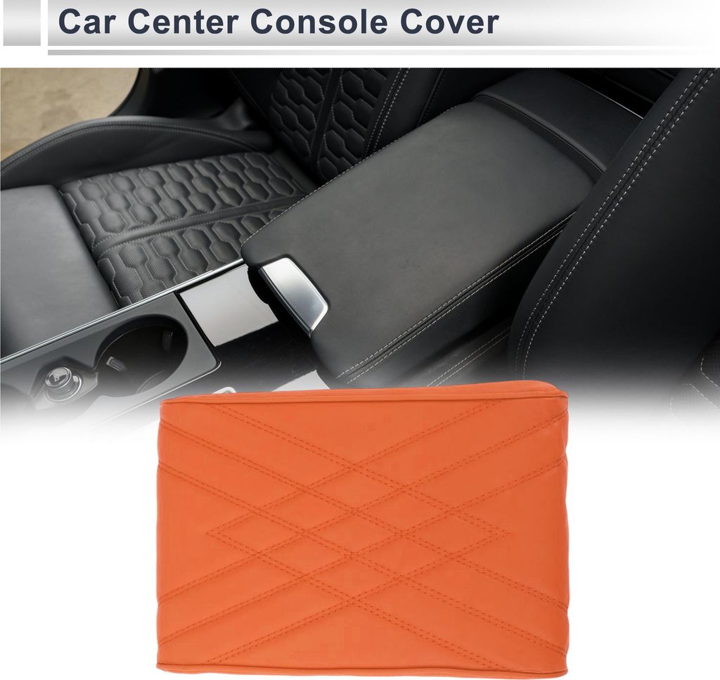 Auto Mittelkonsole Abdeckung Auto Armlehnenabdeckung 12,2"x7,87"x1,97" Orange Nappa Leder, Memory Foam Doppel-W-Muster