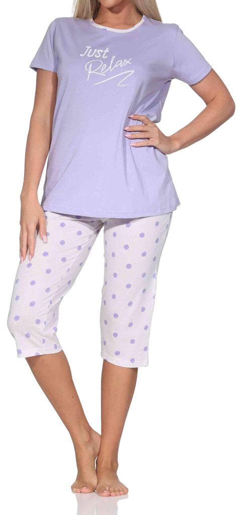 Normann Damen kurzarm Capri Schlafanzug Shorty Pyjama in Tupfen Punkte Optik ; lila , 48