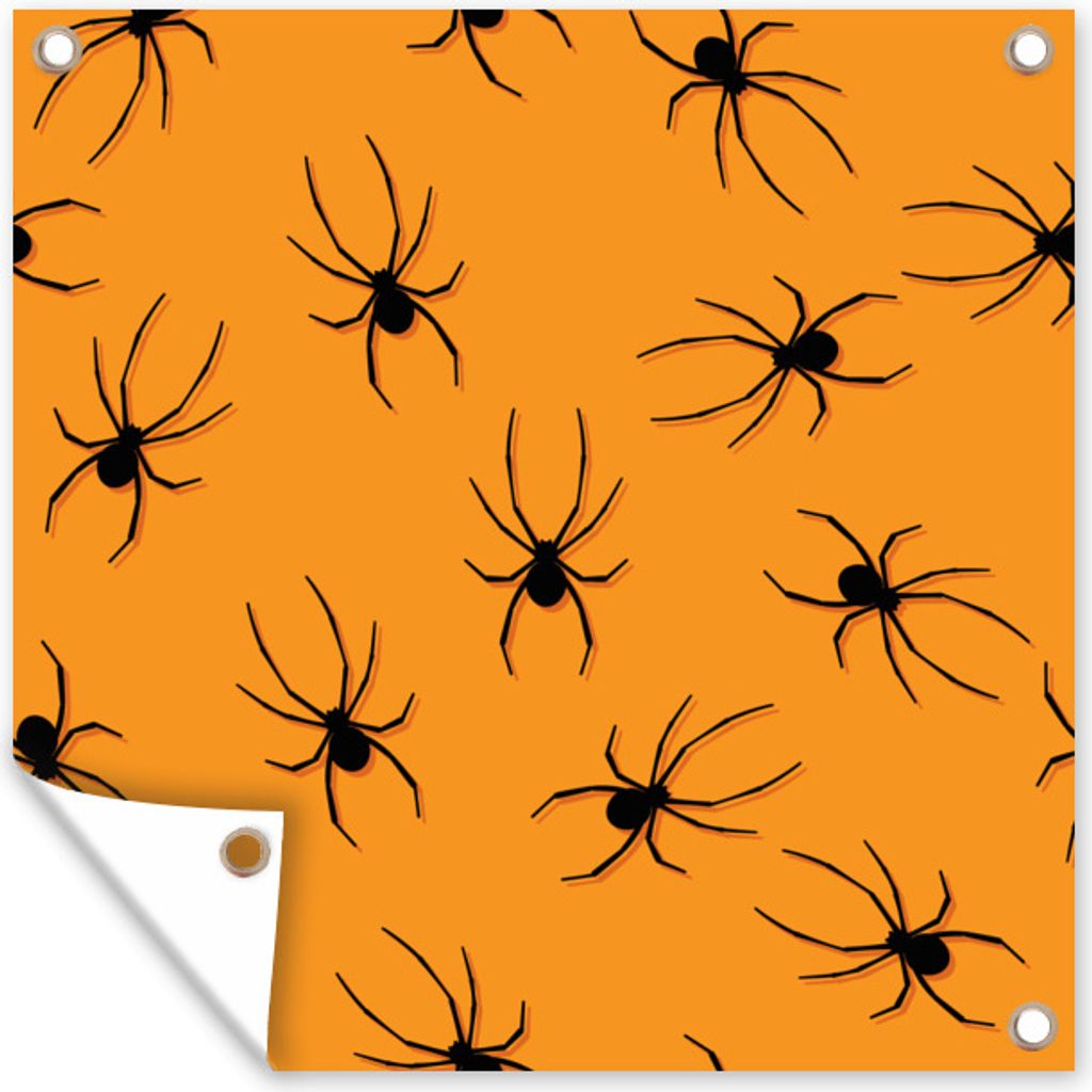 MuchoWow 100x100 cm Outdoor-Poster Gartendeko Sichtschutz Garten Poster für den Garten Halloween-Muster mit schwarzen Spinnen auf orangefarbene...