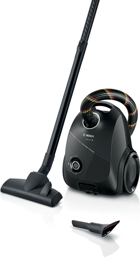 A black Bosch vacuum cleaner with its accessories, displayed on a white background.