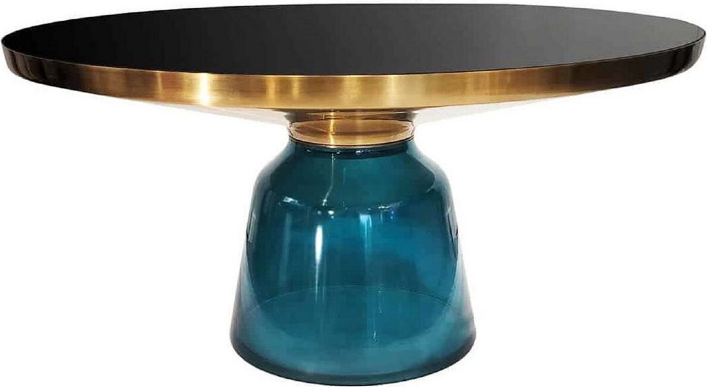 Casa Padrino Luxus Couchtisch Schwarz / Gold / Blau Ø 75 x H. 37 cm - Runder Glas Wohnzimmertisch - Wohnzimmer Möbel - Luxus Möbel
