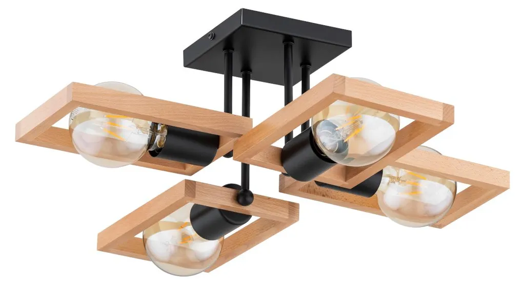 Grand plafonnier carré bois et métal noir REZON pour salon et chambre
