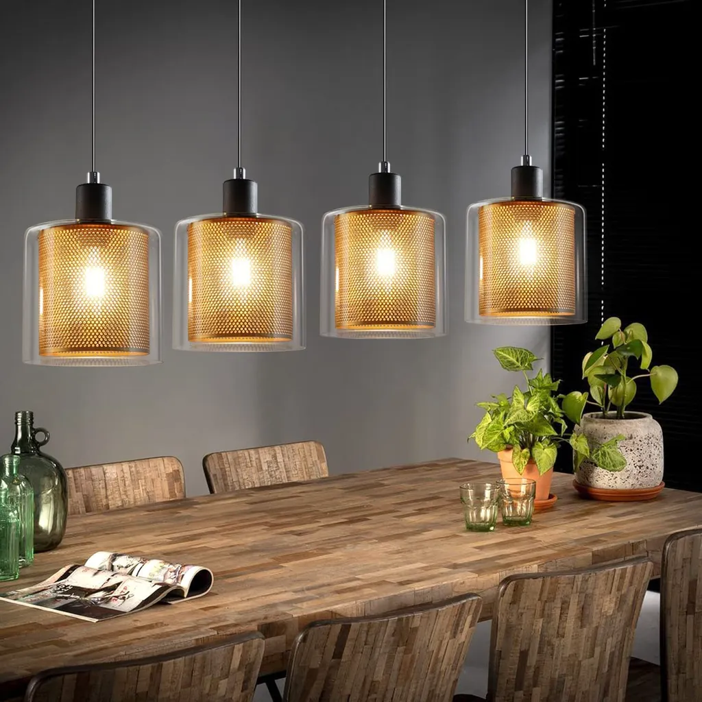 ZMH lampada a sospensione vintage da tavolo a sospensione: 4 fiamme E14 ogni lampada a sospensione da 25W, lampada a sospensione in vetro e metallo, colore: nero e oro