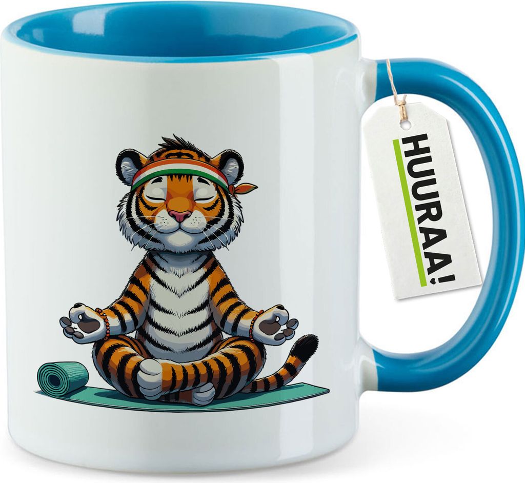 Huuraa Kaffeetasse Yoga Tiger Comic 330ml Blau Keramik Kaffeebecher Geschenkidee