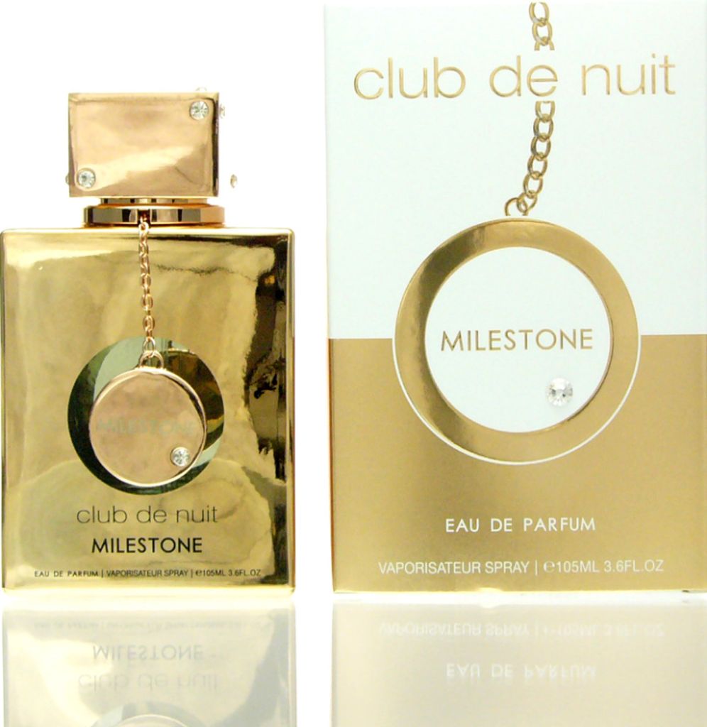 A gold perfume bottle and its packaging are displayed against a white background.