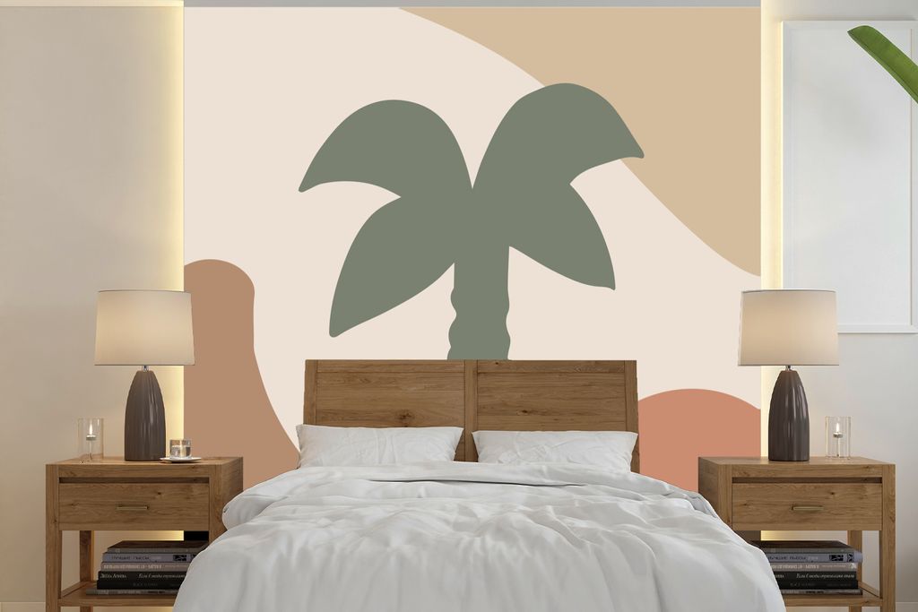 MuchoWow Fototapete für Wohnzimmer oder Schlafzimmer Wandtapete Vinyl Motivtapete Palme - Pastell - Sommer - 280x280 cm - Hintergrundbild