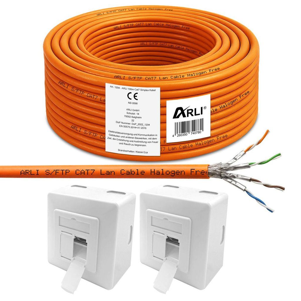 ARLI 100 m Cat7 Verlegekabel S/FTP LSZH PIMF + 2x Cat6a Netzwerkdose – halogenfreies Netzwerkkabel