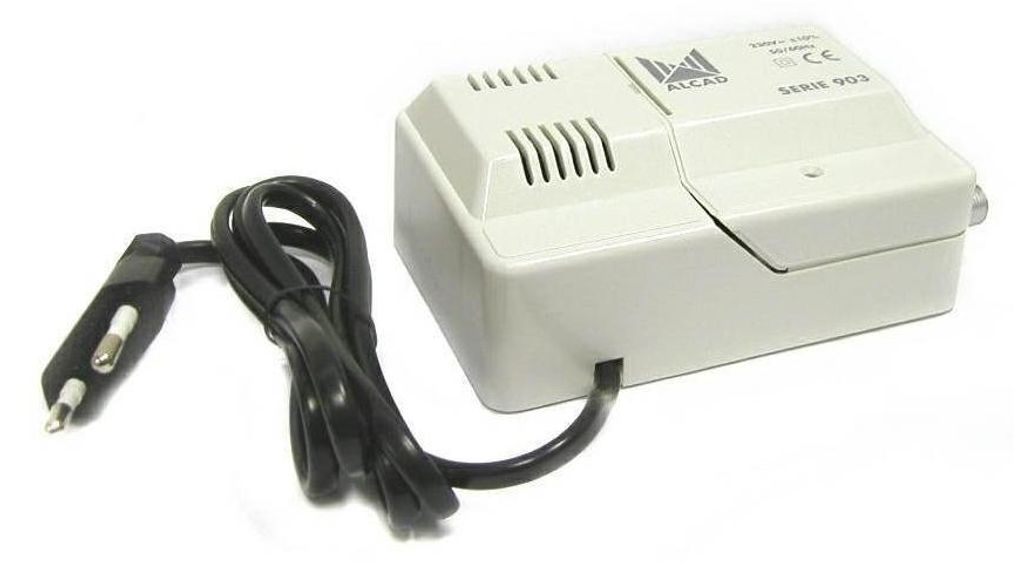 A white electronic device with a black cord and plug, isolated on a white background.