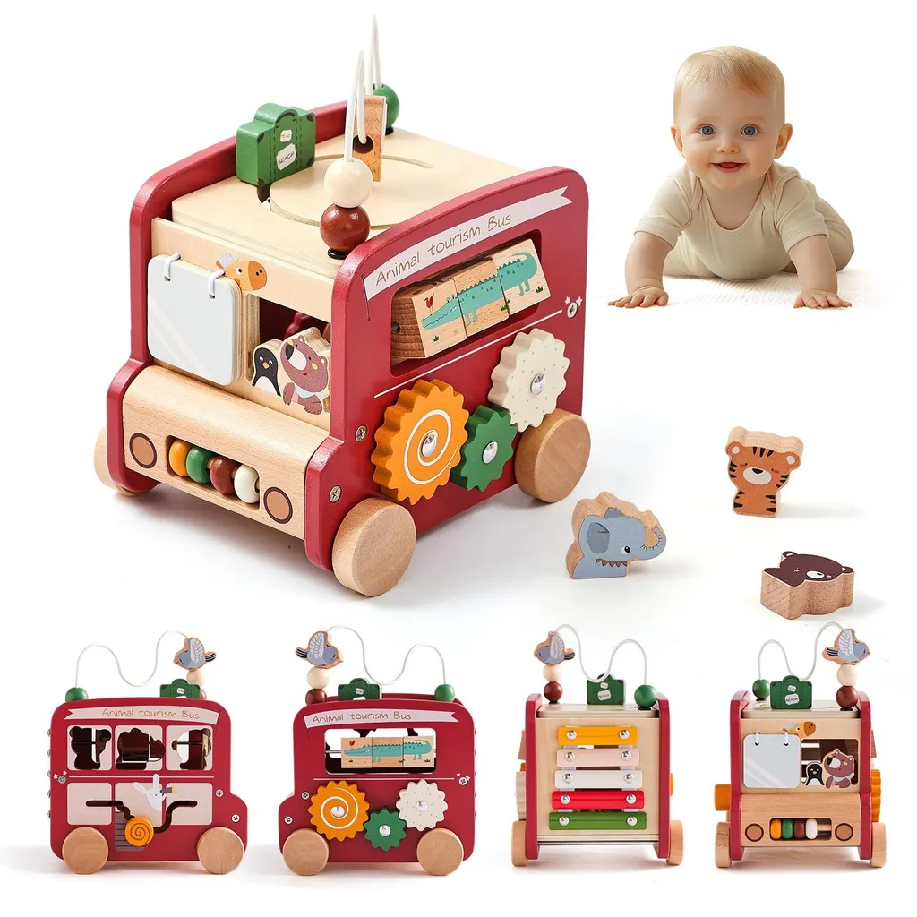 Jouet d'éveil Montessori : Cube d'activités Bus multi-jeux 12 mois +