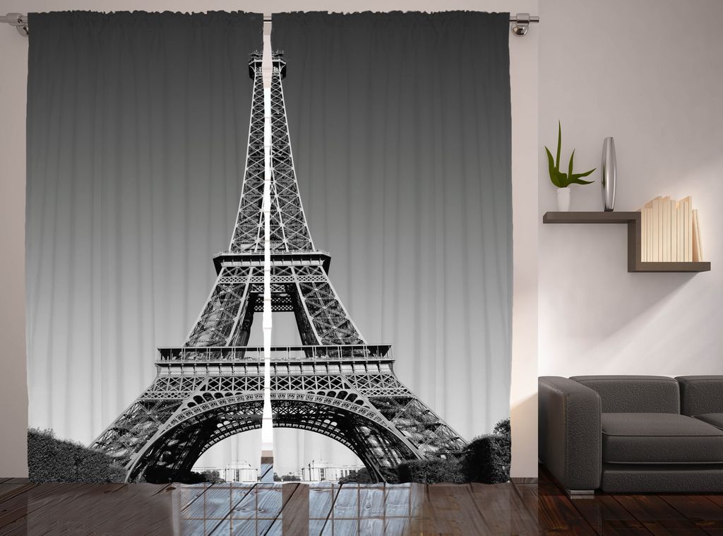 ABAKUHAUS Eiffelturm Rustikaler Gardine, Paris Landmark, Schlafzimmer Kräuselband Vorhang mit Schlaufen und Haken, 280 x 175 cm, Grau