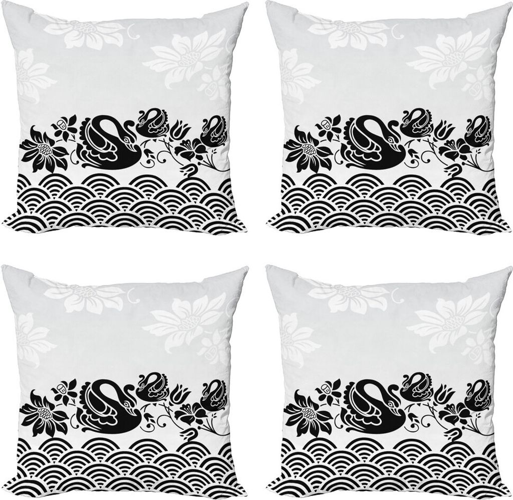 ABAKUHAUS Schwan Kissenbezug Set (4 Stück), Schwarze Schwäne und Blumen, Moderner Doppelseitiger Digitaldruck, 40 cm x 40 cm, Schwarz-Weiss