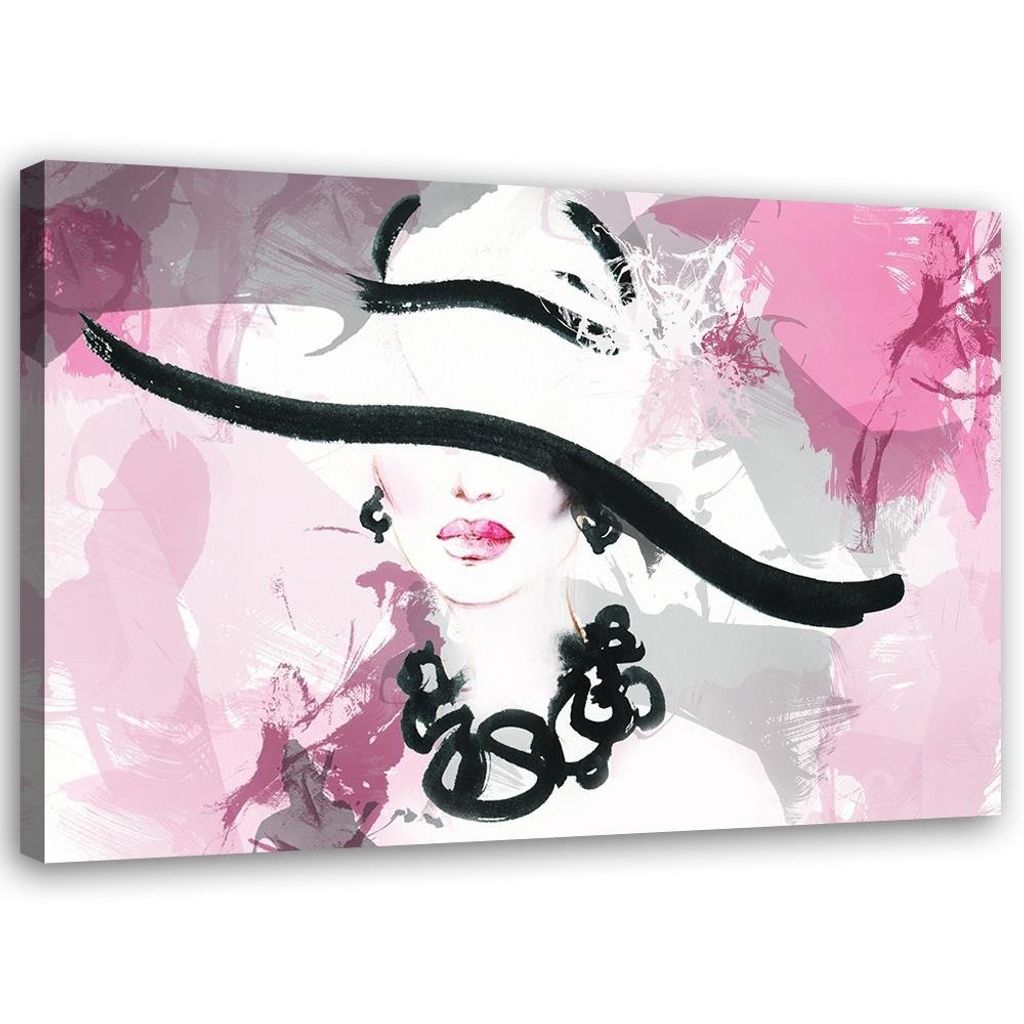 Leinwandbild frau mit glamour-hut 90x60 cm Feeby rosa wandbild bereit zum aufhängen