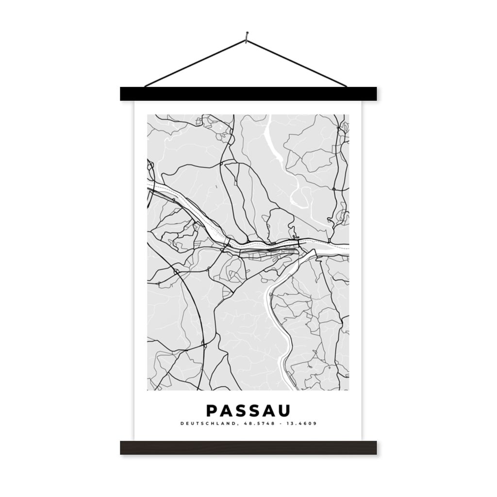 MuchoWow Textilposter Passau - Stadtplan - Deutschland - Karte 40x60 cm mit schwarzem Rahmen - Wanddekorationen