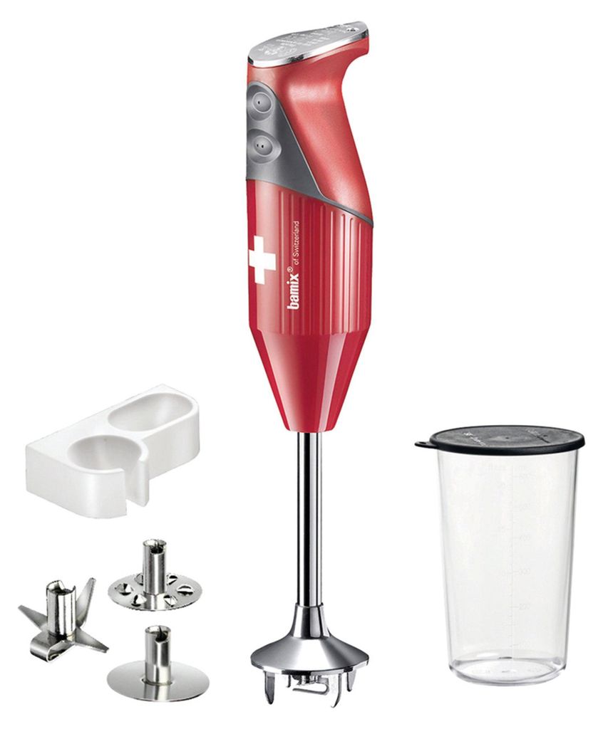 A red Bamix hand blender with accessories is displayed against a white background.