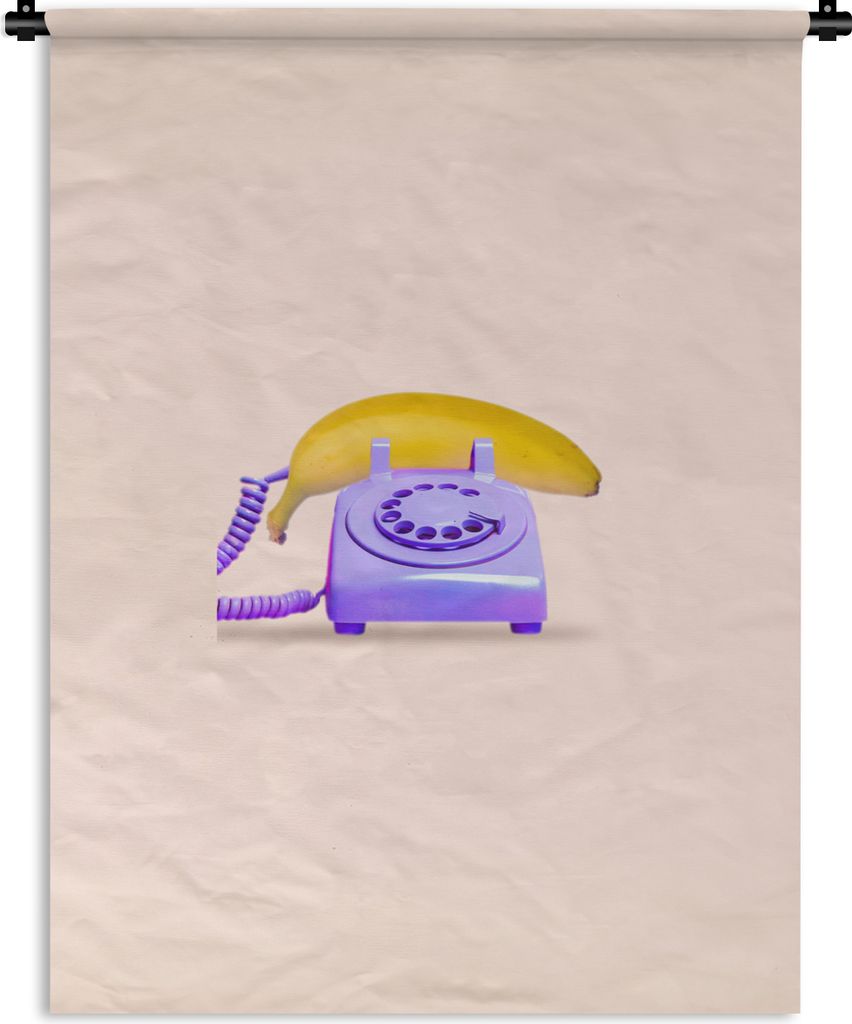 MuchoWow Wandteppich Wandbehang Banane - Telefon - Lila - Gelb 60x80 cm Tapisserie Dekoration Wandtuch - Decke - Wandtücher - Wohne
