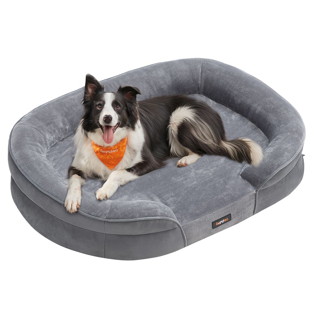 A dog is lying on a dog bed.