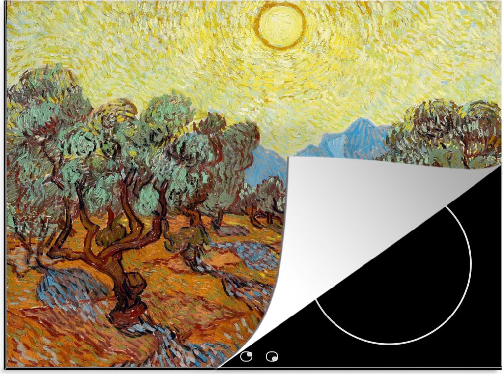 KitchenYeah Herdabdeckplatte Olivenbäume mit gelbem Himmel und Sonne - Vincent van Gogh , 70x52cm, Küche Deko, Glaskeramikfeld Herdabdeckung, A...